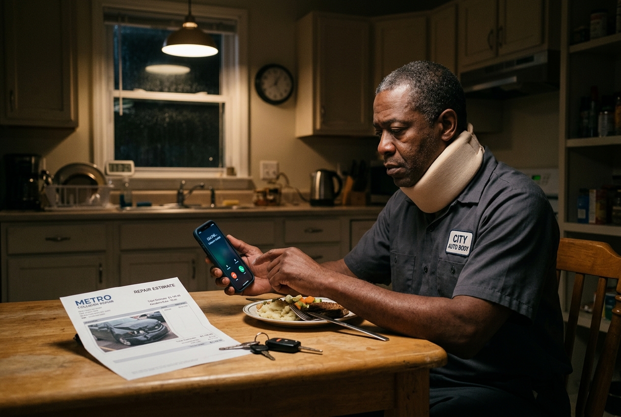 Man in a neck brace at his kitchen table at night looking at an incoming call, with a car repair estimate beside him