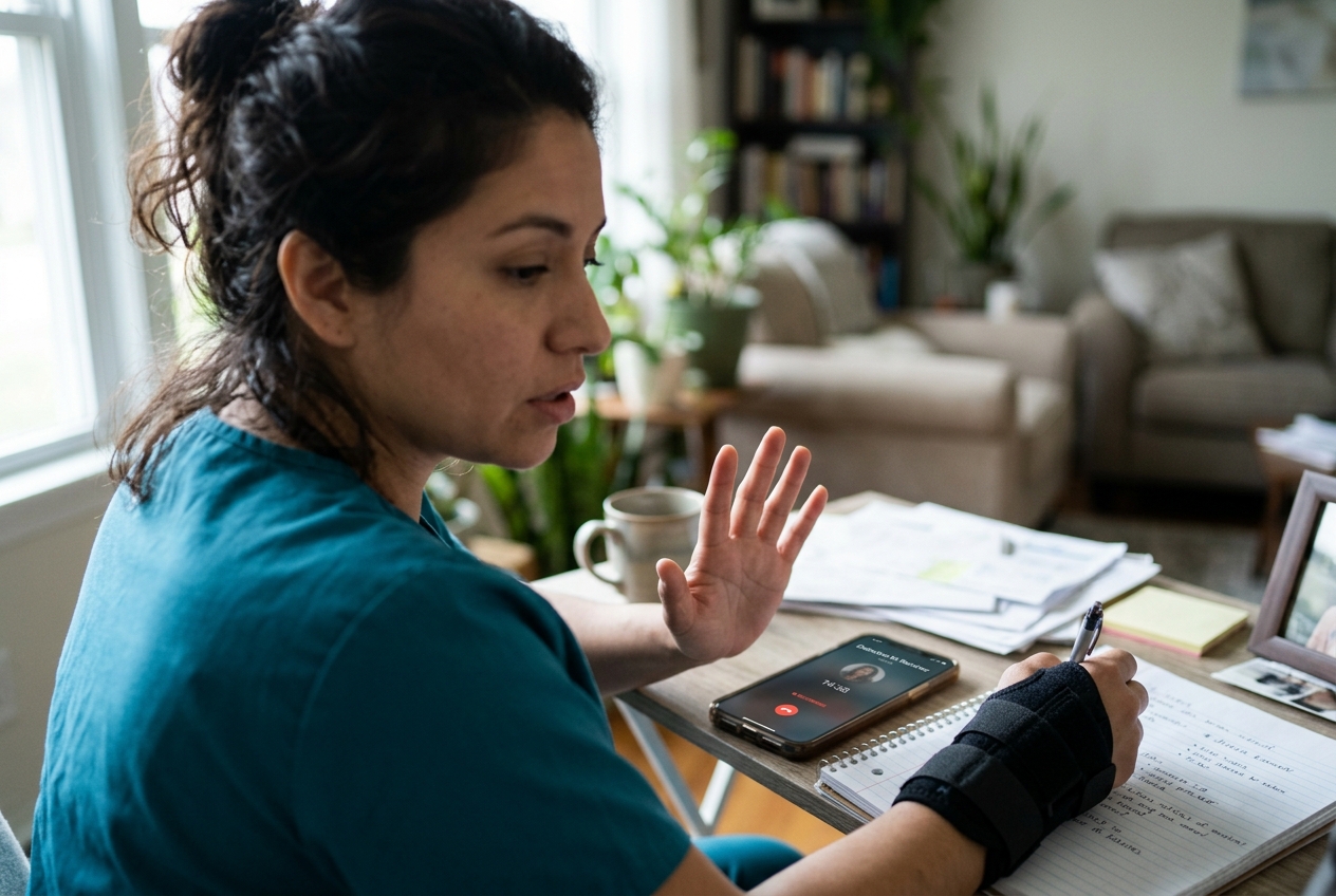 Woman in scrubs and a wrist brace holding up her hand during a recorded speakerphone call with an insurance adjuster