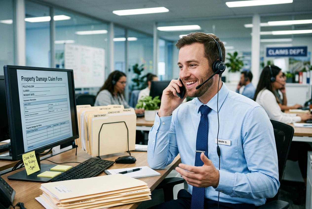 Smiling insurance adjuster in a headset at his desk next to stacks of claim files and a note reading close files by Friday