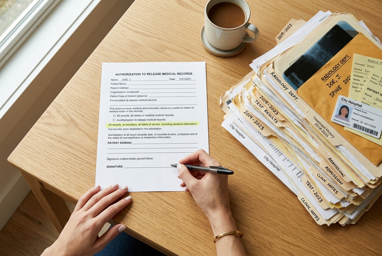 Hand holding a pen over a medical records release form next to a tall stack of old medical files