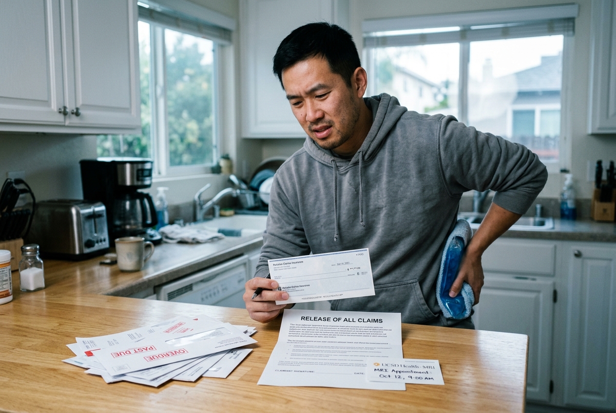 Man holding his lower back and an insurance check over a release of all claims form and past due bills