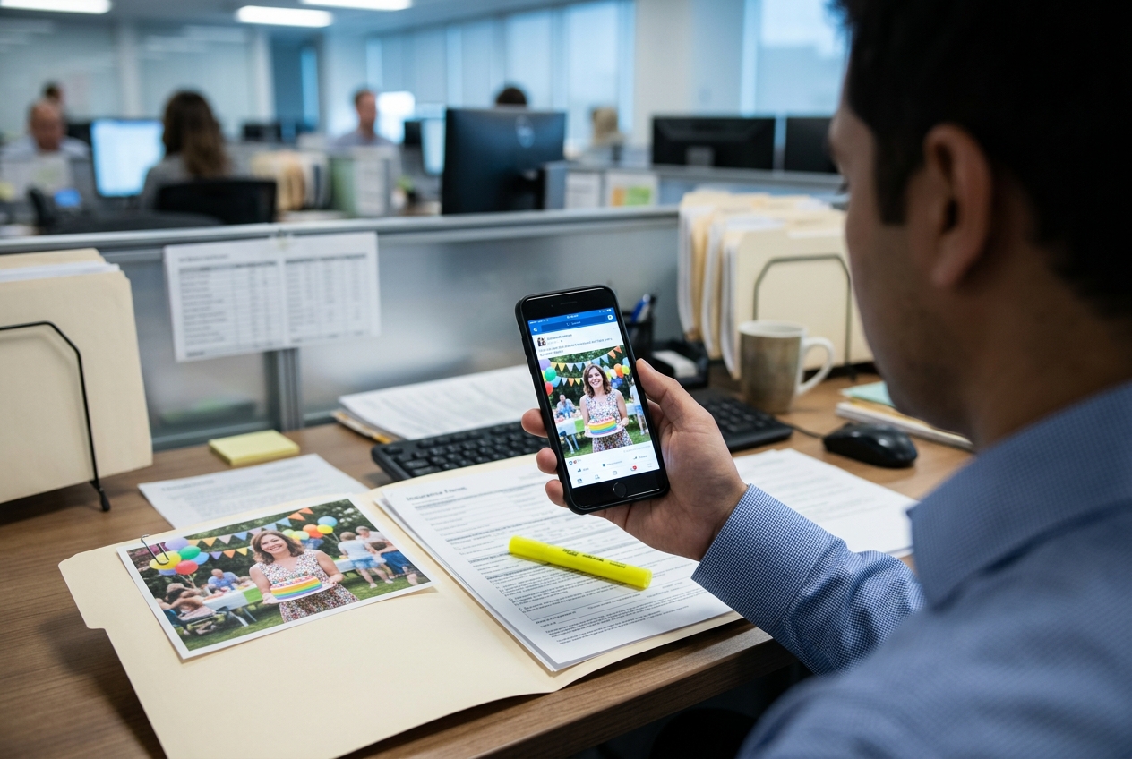 Insurance employee looking at a social media photo of a smiling woman at a birthday party, with the same photo printed in a claim file