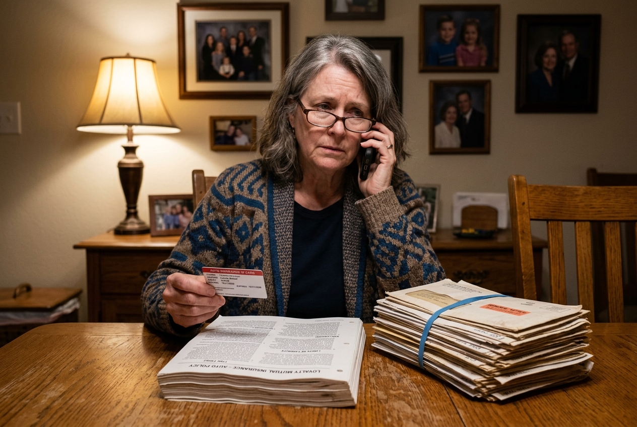 Older woman on the phone holding her auto insurance card beside her policy and a bundle of old renewal letters