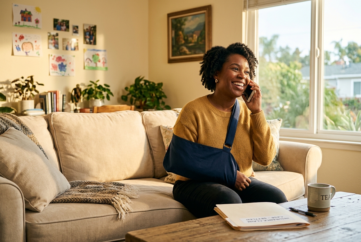 Woman with her arm in a sling smiling on the phone on her couch, insurance papers put away in a folder