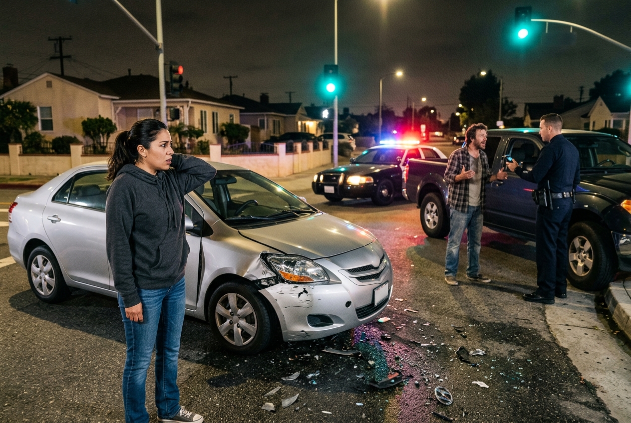 Mujer junto a su carro chocado de noche mientras la policía le hace una prueba de alcohol al otro conductor