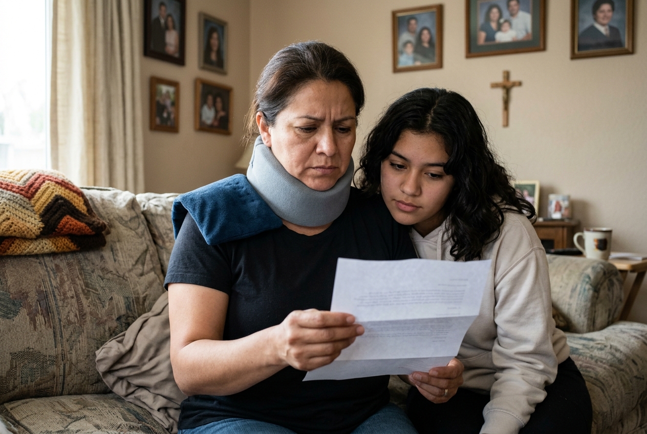 Mujer con collarín en el sillón leyendo una carta del seguro con su hija