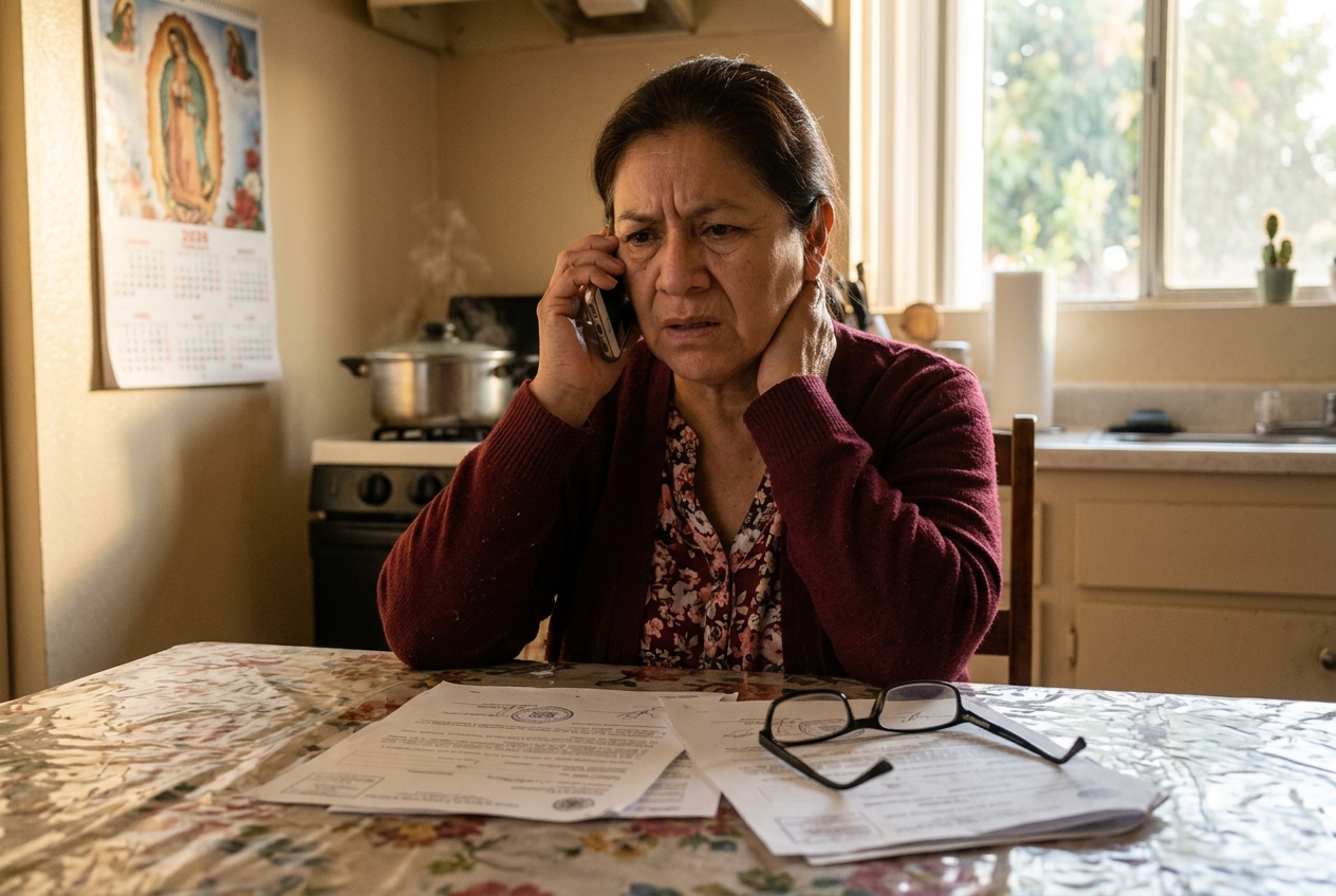 Abuela en la mesa de la cocina hablando por teléfono, preocupada, con papeles del seguro