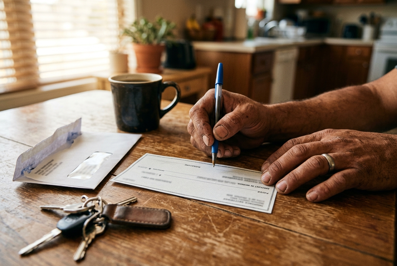 Manos de un hombre con una pluma sobre un cheque del seguro en la mesa de la cocina