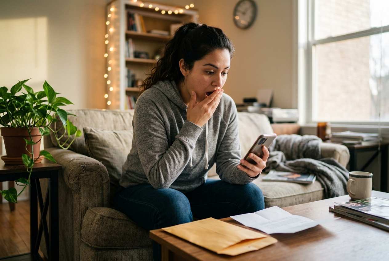 Mujer joven en el sillón mirando su celular sorprendida, con un sobre en la mesa