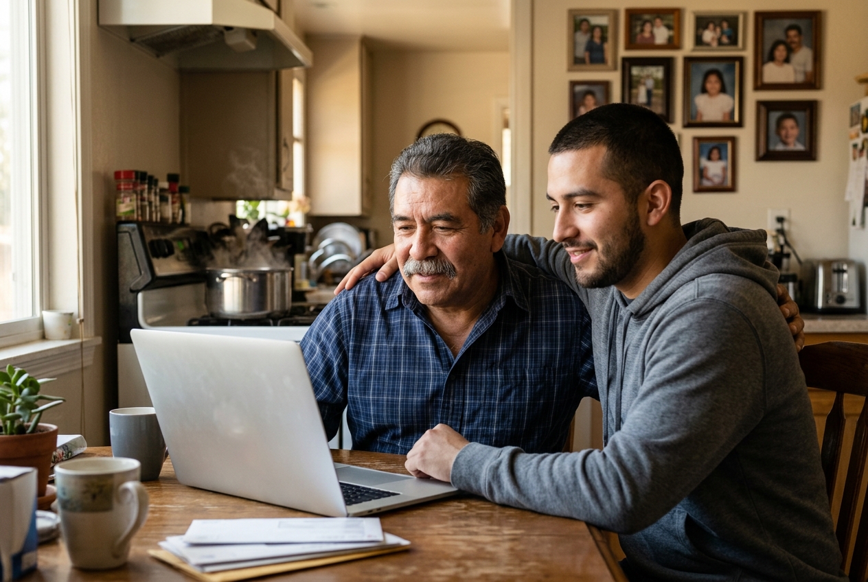 Padre e hijo en la mesa del comedor mirando una computadora, aliviados