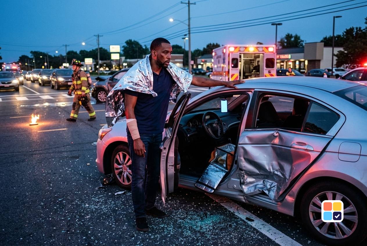 Man wrapped in an emergency blanket standing beside his damaged car at dusk as an ambulance and firefighter respond