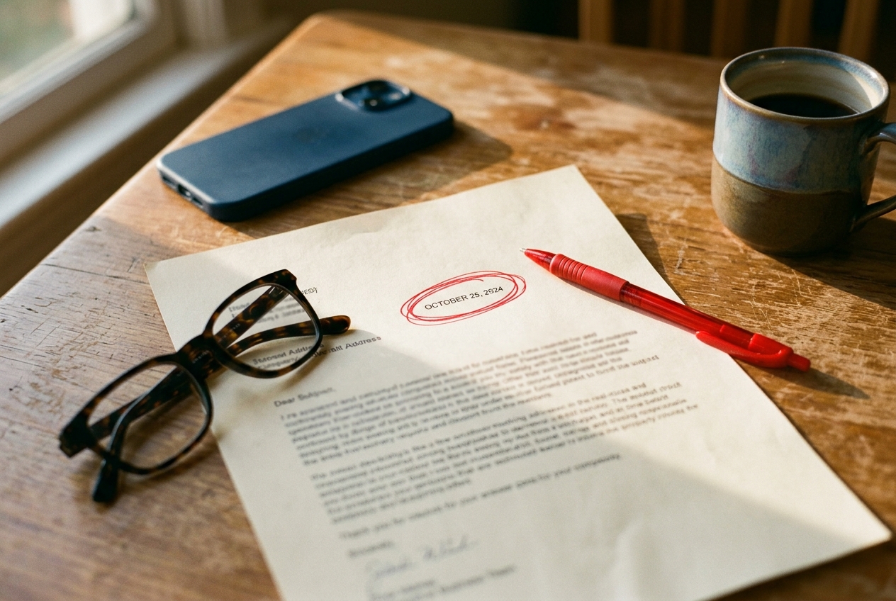 Formal letter on a kitchen table with a response deadline circled in red