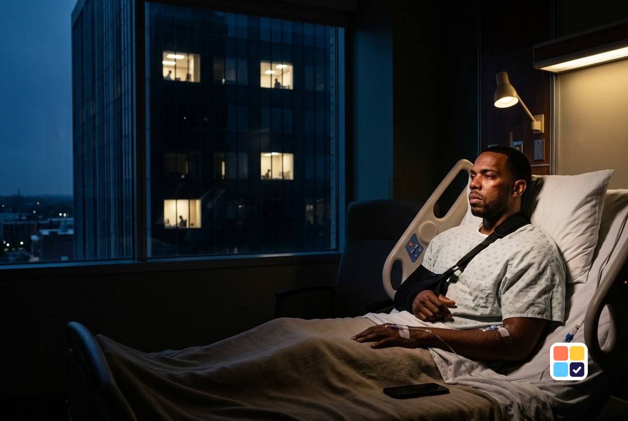 Man in a hospital bed at night with his arm in a sling and an IV line in his hand