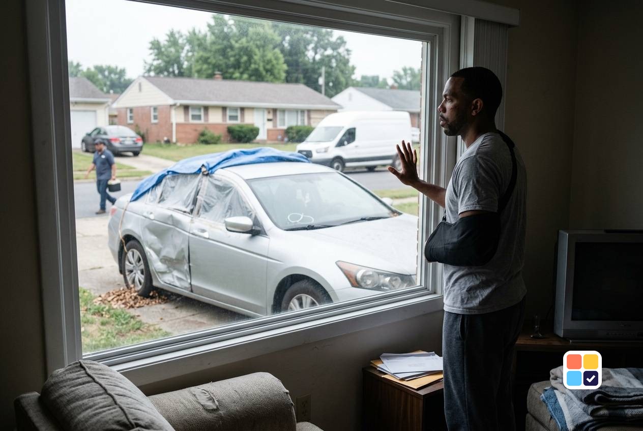 Man at home in an arm sling looking out the window at his wrecked car under a tarp
