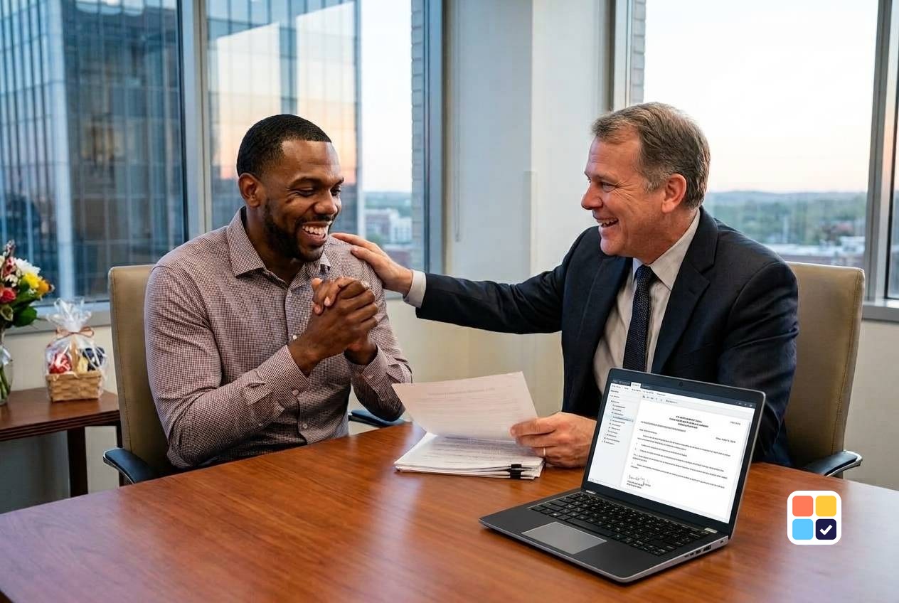 Man smiling with his attorney in an office after resolving his accident claim