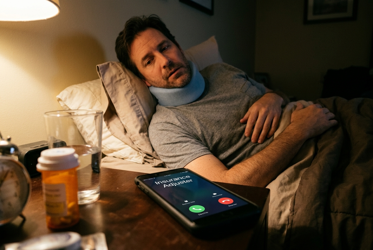 Phone lighting up on a nightstand with a call from an insurance adjuster