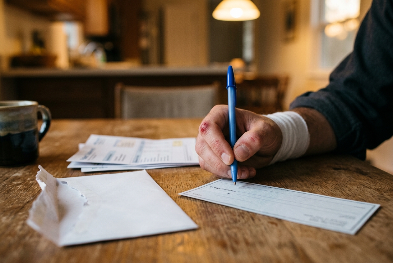Hand holding a pen over the back of an insurance check at a kitchen table