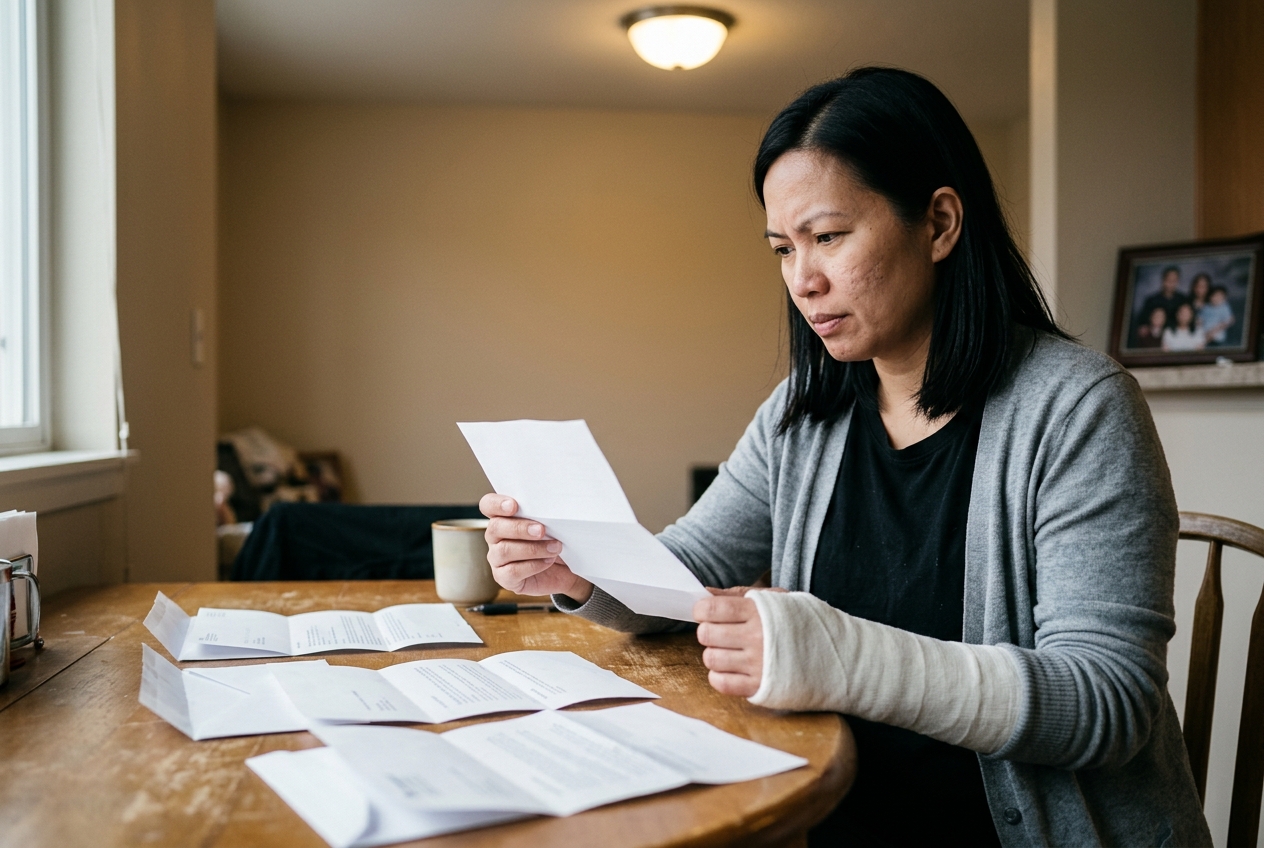 Woman with a cast on her forearm sorting through insurance letters at her dining table
