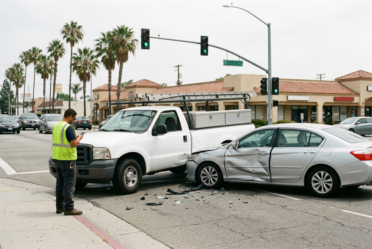 Work pickup truck with a ladder rack after crashing into a sedan at an intersection
