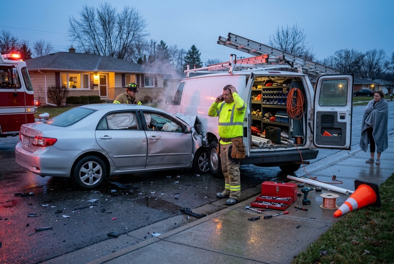White work van smashed into the side of a silver sedan with tools spilled across the road as a firefighter checks the driver