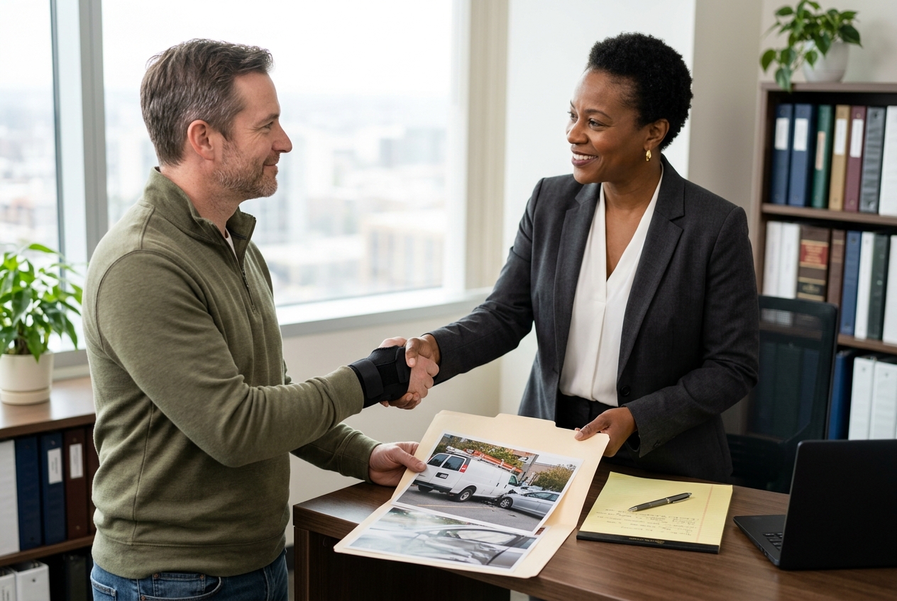 Man with a wrist brace shaking hands with his attorney over an open case file with crash photos