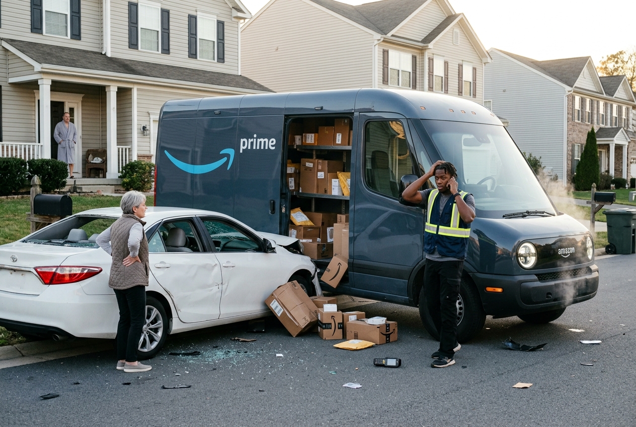 Delivery van crashed into the side of a car on a residential street as the driver in a blue safety vest stands beside spilled packages