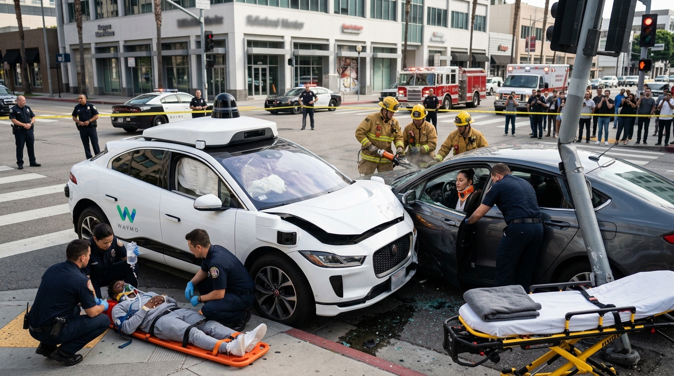 White self-driving car with a roof sensor dome crashed into the side of a sedan at a city intersection