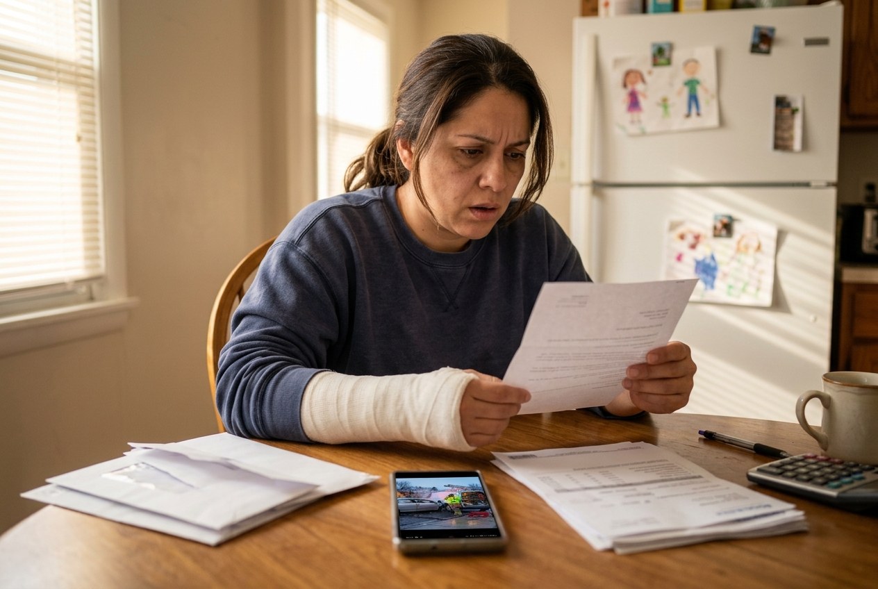 Woman with a forearm cast frowning at an insurance letter while her phone shows a photo of the work van that hit her