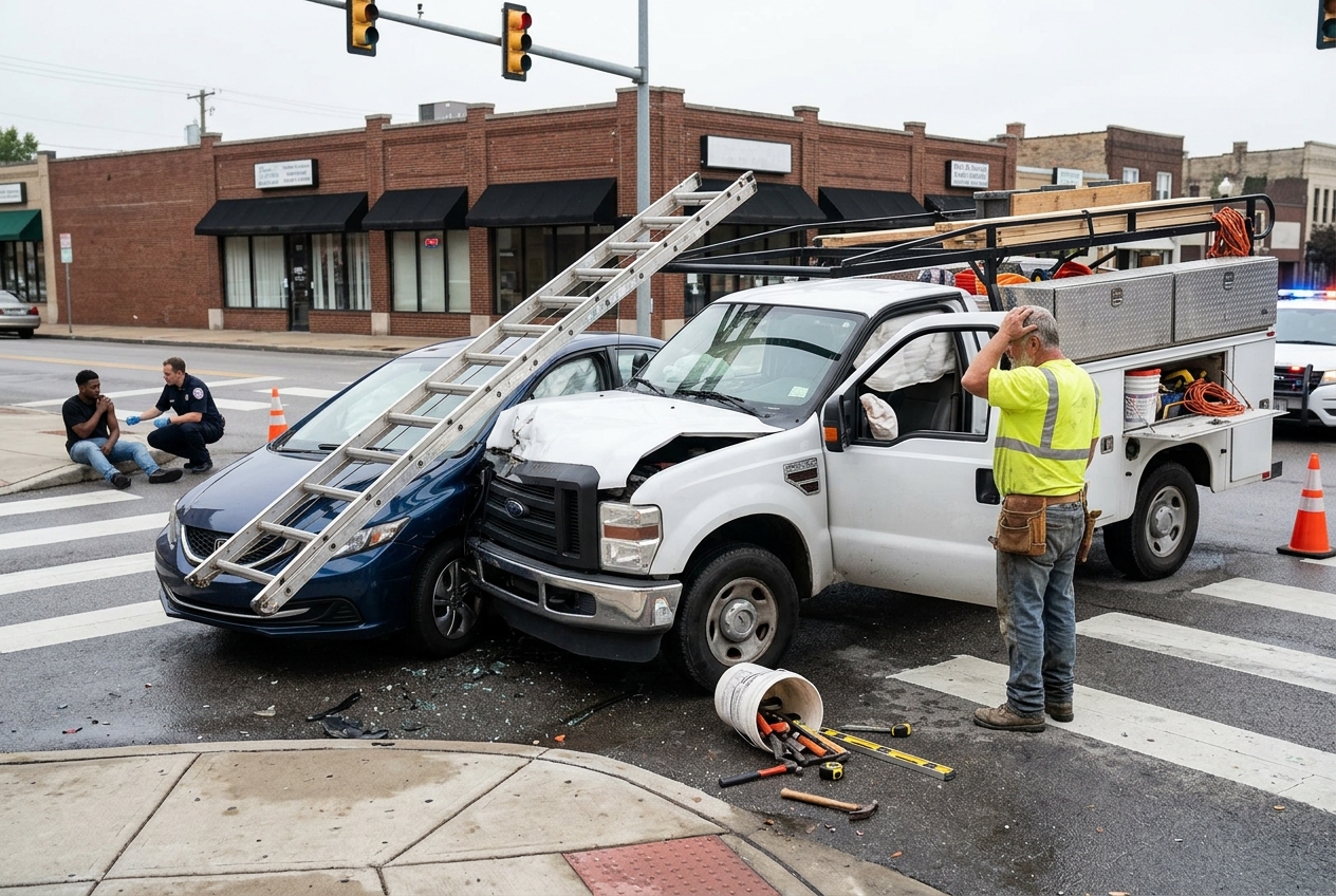 Contractor pickup truck with ladders and toolboxes buried in the side of a blue sedan at an intersection