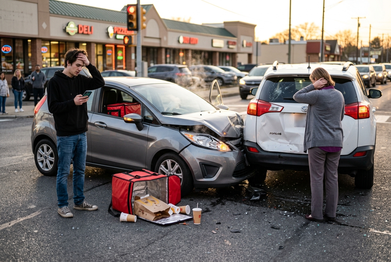 Delivery driver with a red food bag on the road after rear-ending an SUV, phone showing a delivery map