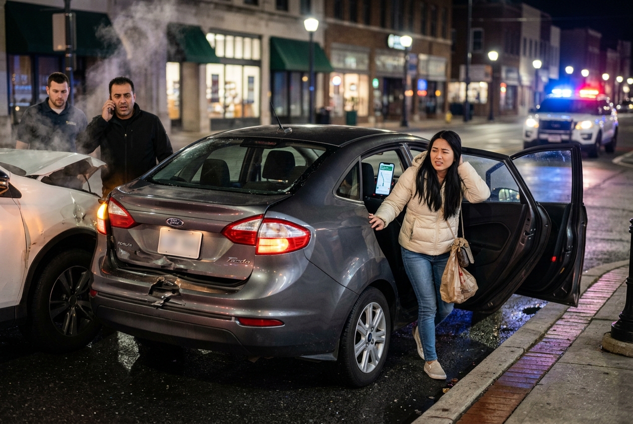 Rideshare passenger stepping out of the back seat of a rear-ended sedan at night while the driver checks the damage