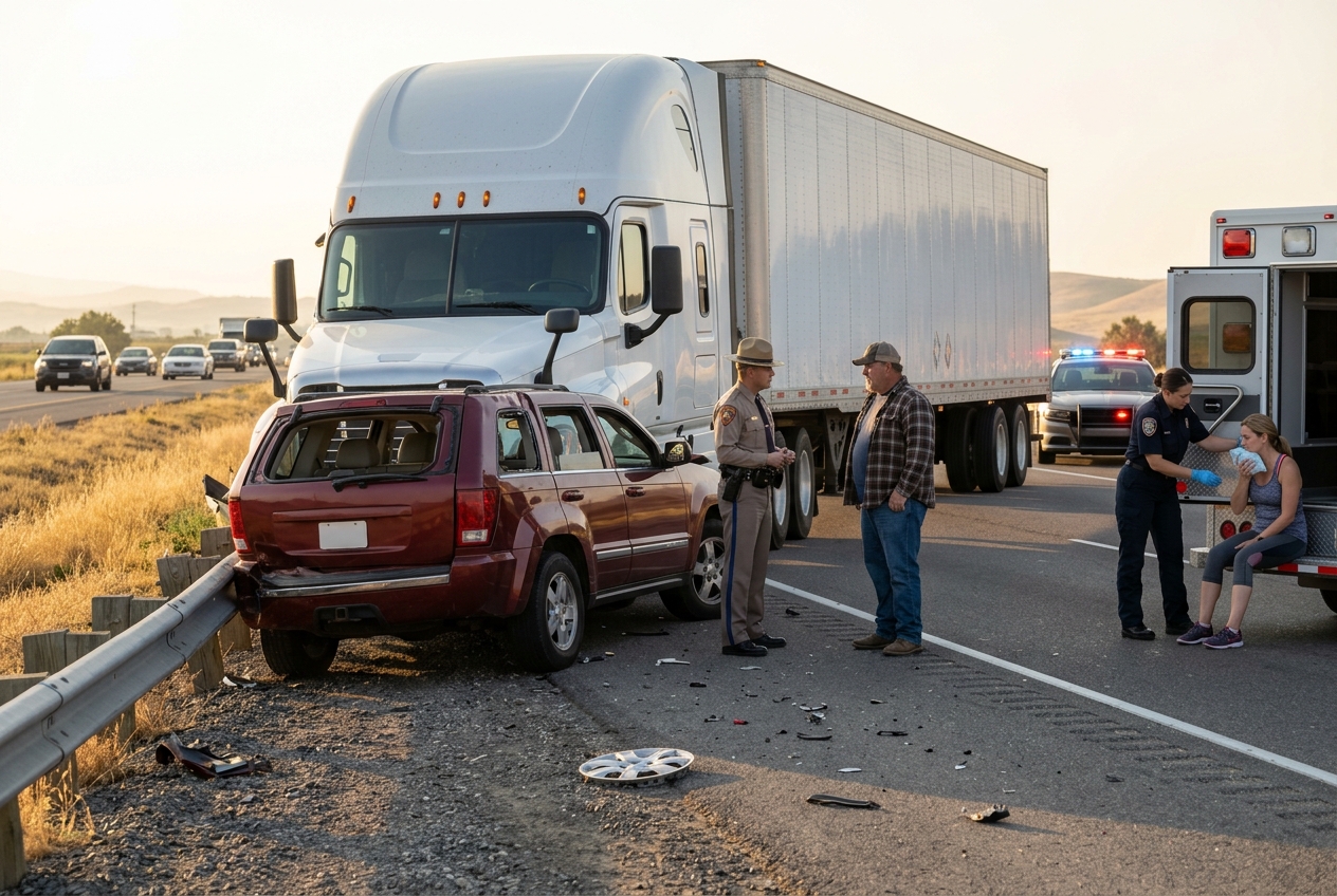 Semi truck with its front bumper buried in the crushed rear of an SUV pushed into a highway guardrail