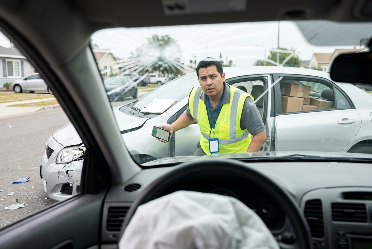 View through a cracked windshield of the other driver stepping out in a safety vest and work lanyard with packages in his back seat