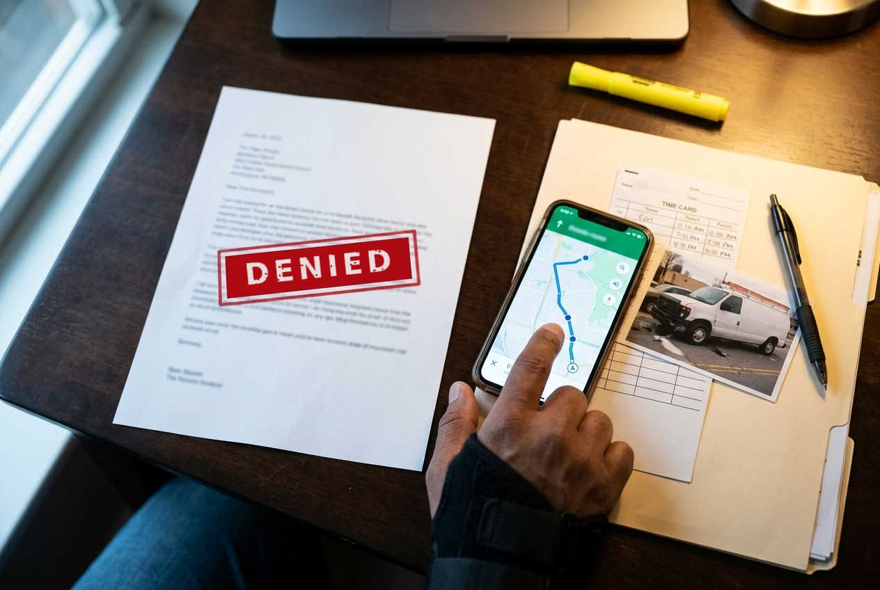 Hand pointing to a GPS route on a phone next to a letter with a red stamp and a work time card