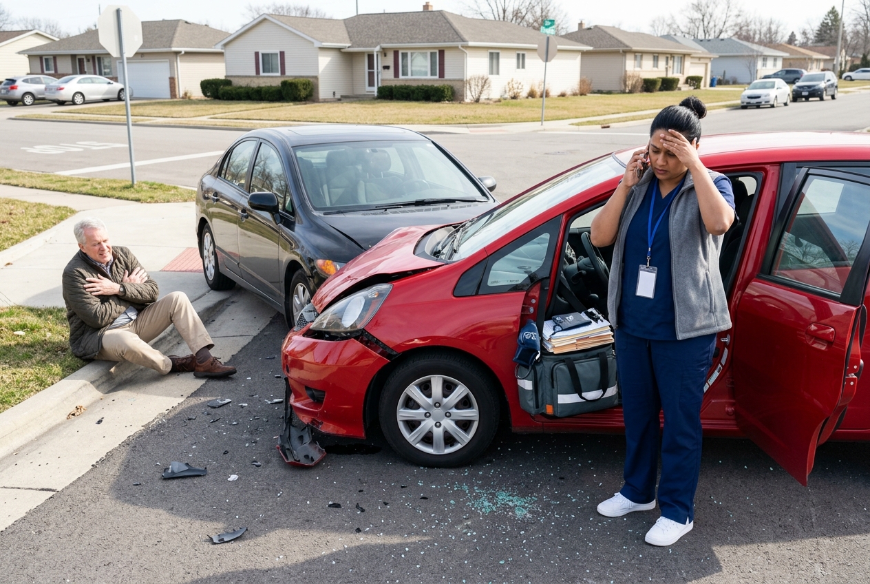 Home health worker in scrubs on the phone after her personal car crashed into another car's door, injured driver on the curb