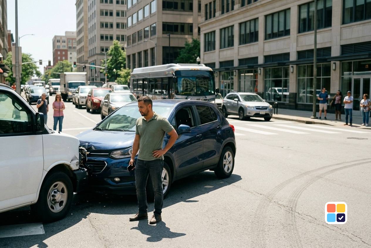 Man standing in a busy city intersection beside his damaged SUV after a daytime collision with a delivery van