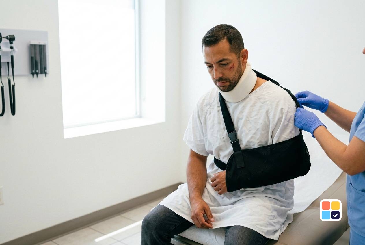 Man in a hospital gown at urgent care with his arm in a sling and a cervical collar as a nurse adjusts the strap