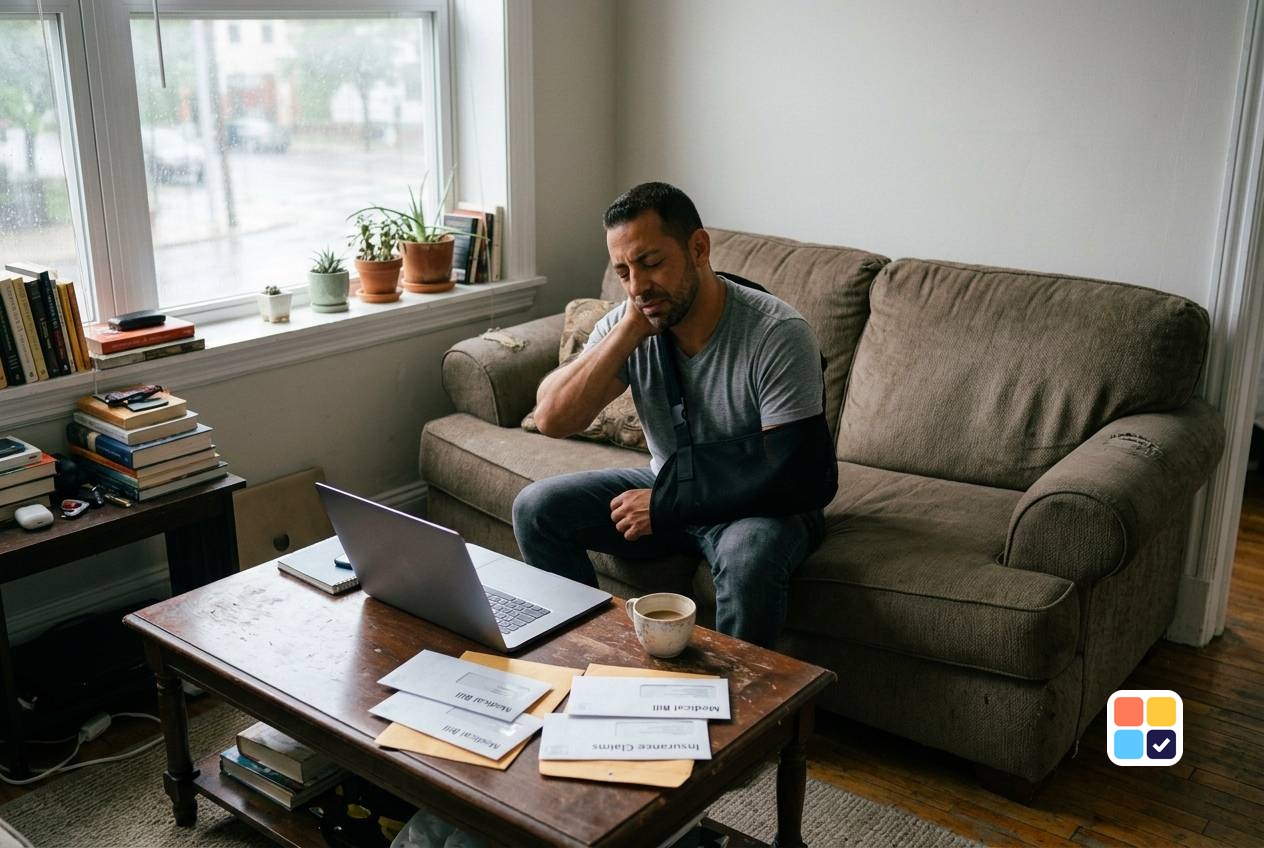 Man at home on the couch, arm in a sling, holding his neck in pain beside a table of unopened medical bills