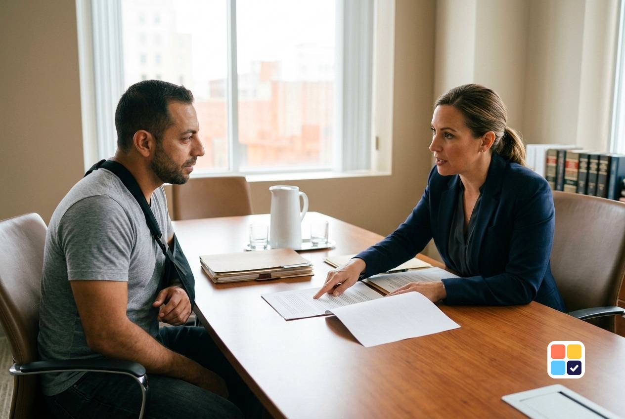Man in an arm sling meeting with an attorney who is pointing to a document across a conference table